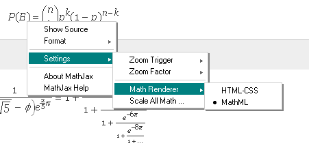 right context menu for selecting MathPlayer as the renderer